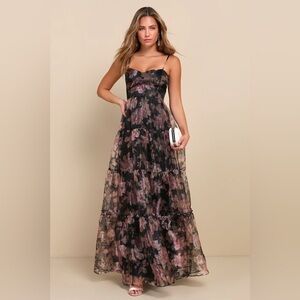 Black and Pink Floral Full Length Dress
